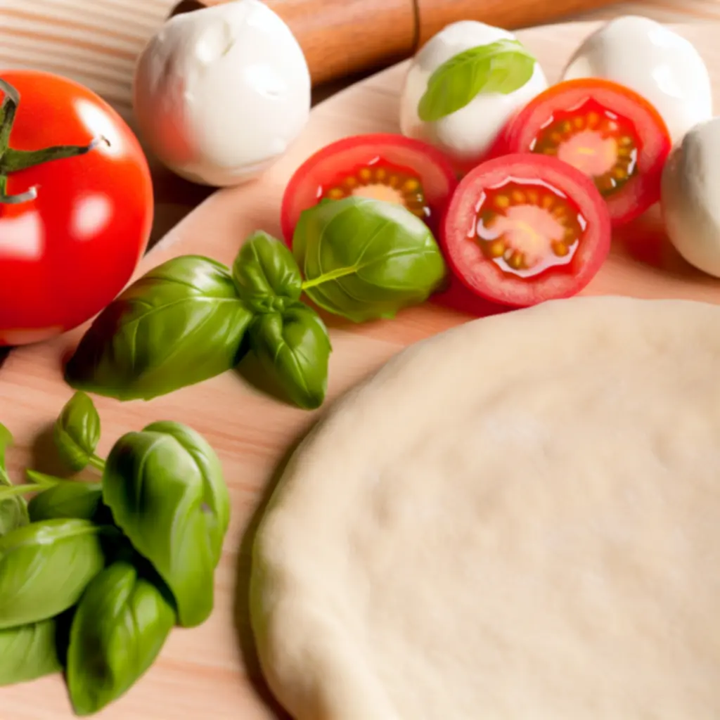 Friss pizzatészta, paradicsom, mozzarella és zöld fűszerek fa asztalon