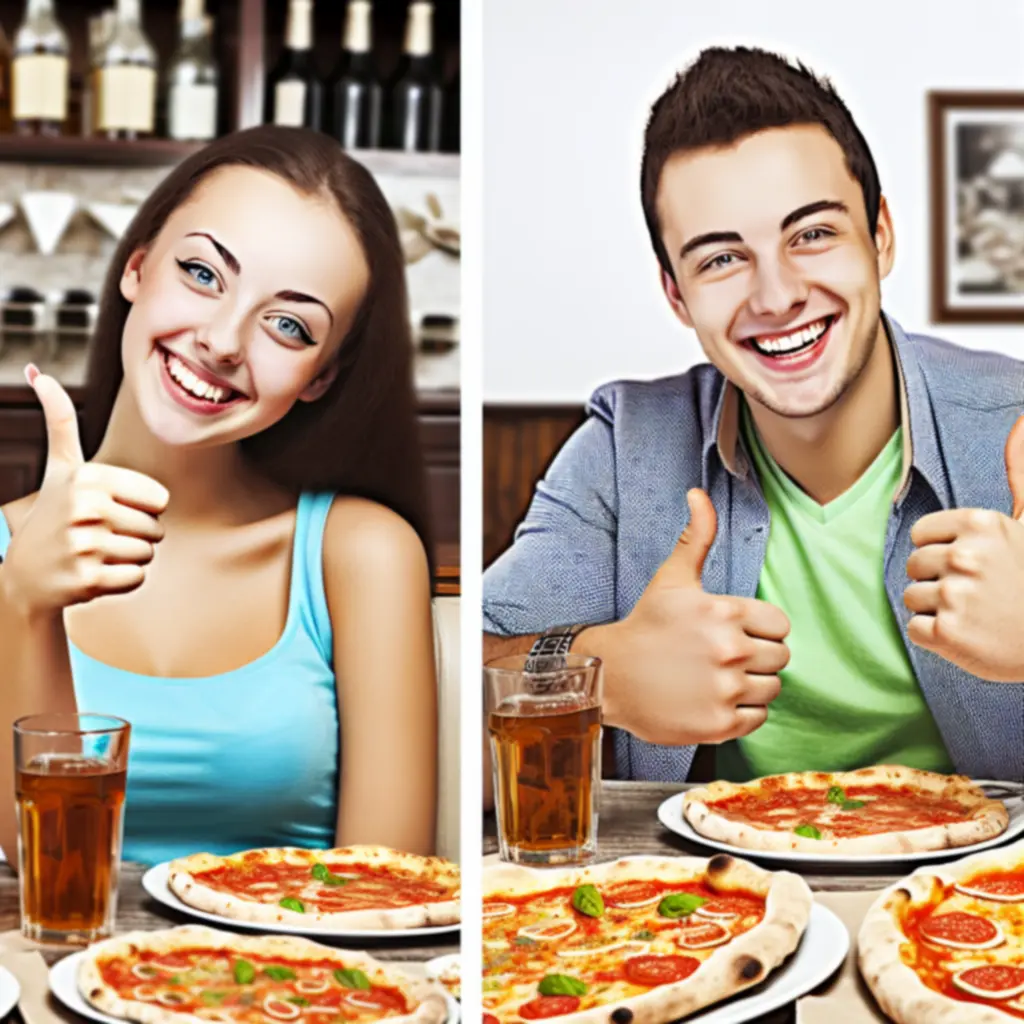 Boldog vendégek pizzát esznek egy hangulatos pizzeriában