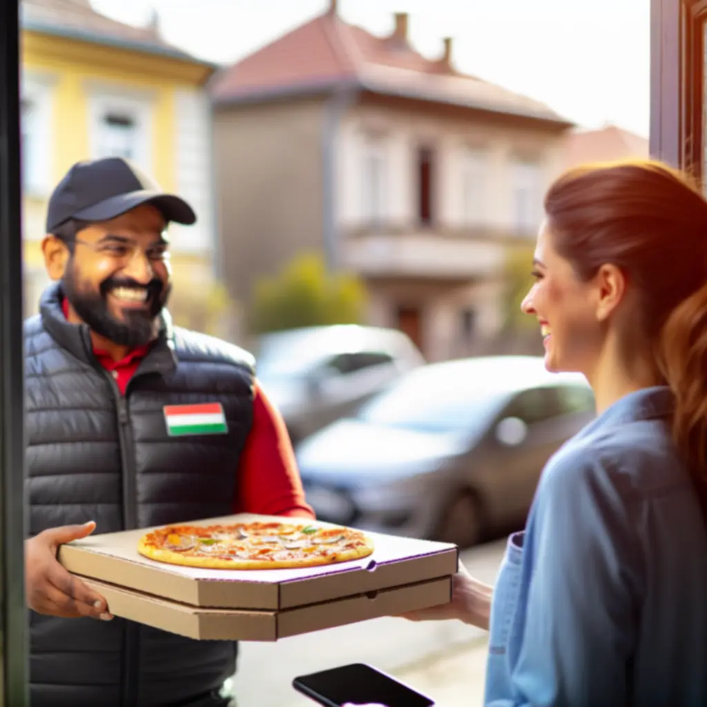 Pizzafutár motorral megrakott pizzás táskával egy esti város utcáin