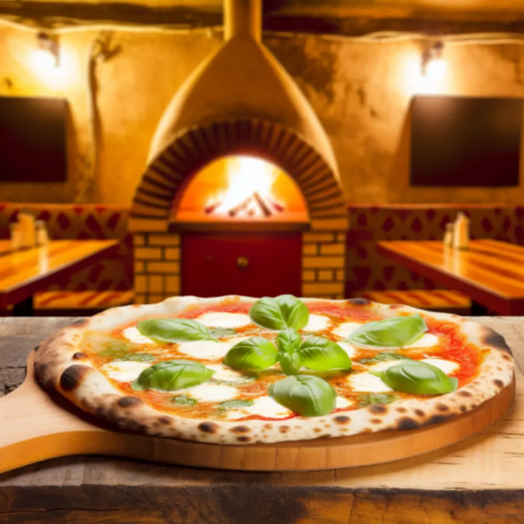 Frissen kemencében sült pizza fa tálcán, olvadozó sajttal és friss bazsalikommal