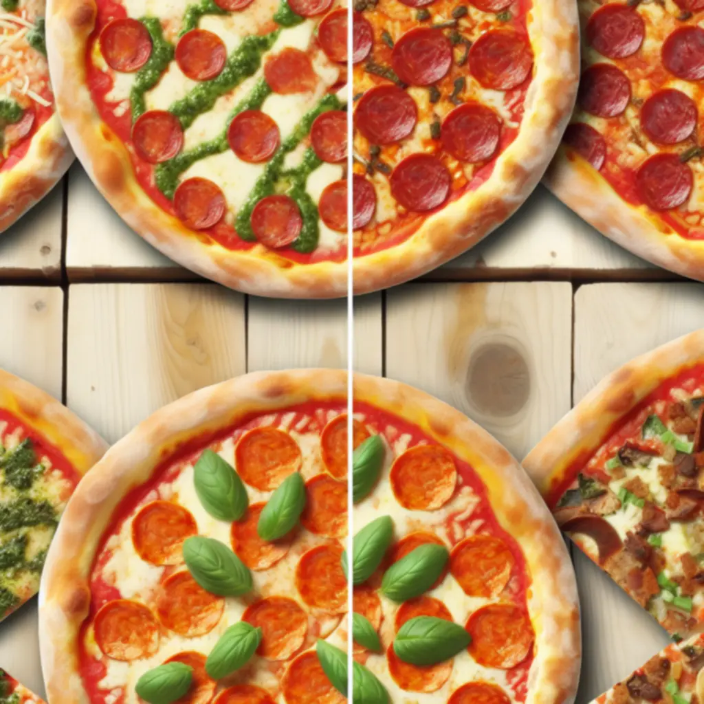 Különféle pizzák egy rusztikus asztalon, jól átlátható választékban