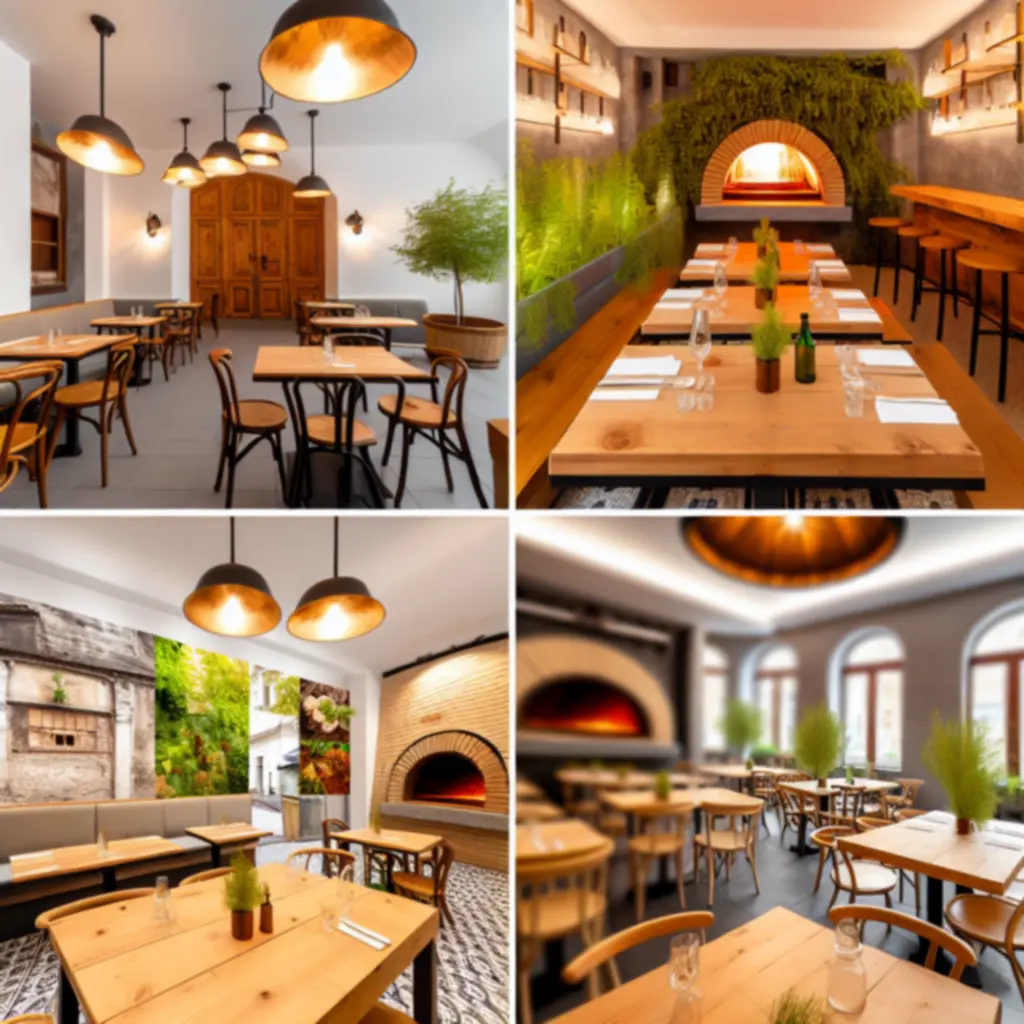 Meleg fényekkel megvilágított, rusztikus belső térrel rendelkező pizzeria fa bútorokkal